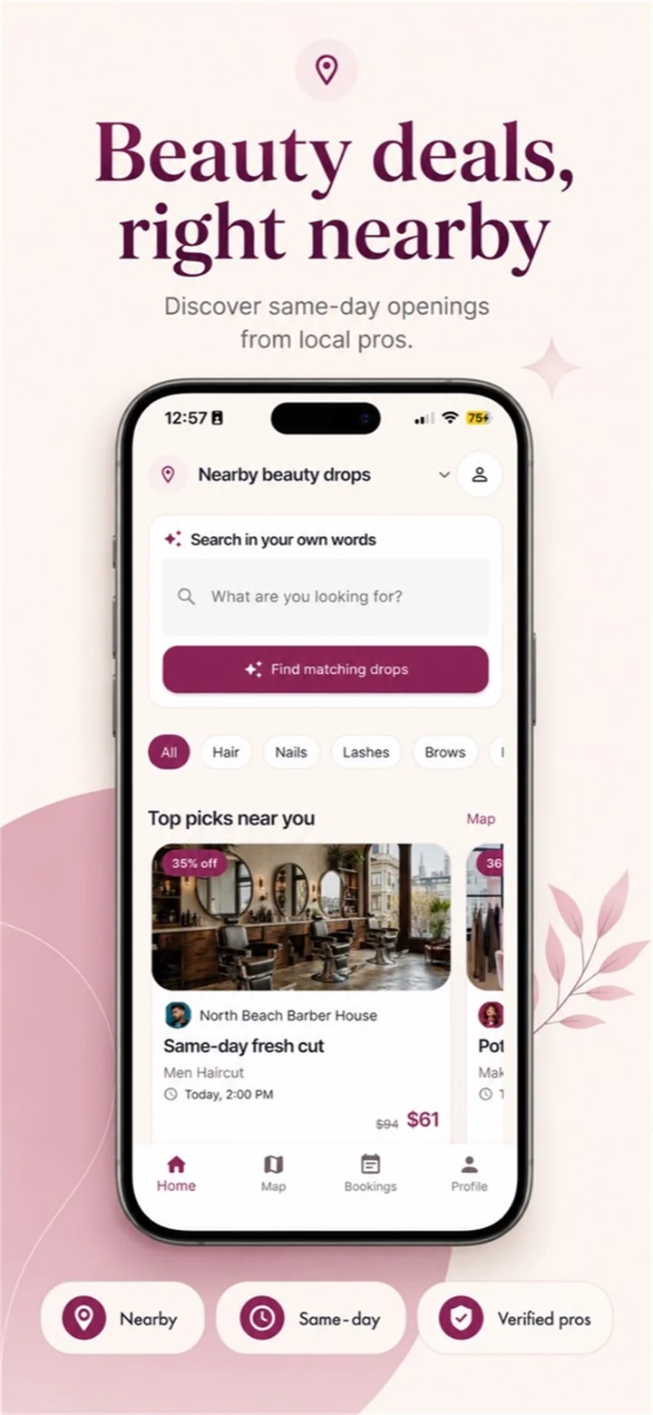 BeautyDrop mobile interface showing beauty appointment listings